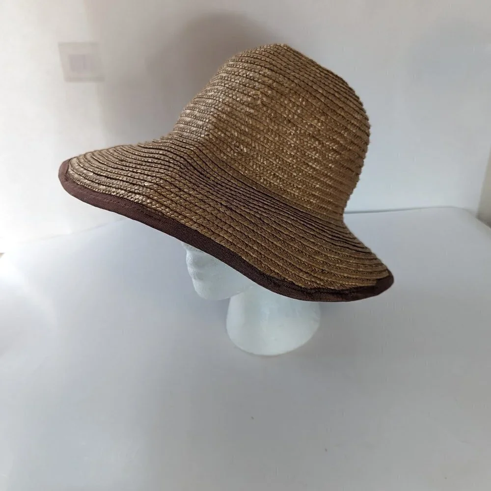Vintage Liz Claiborne Straw Hat, High Low Brown Fabric Trim‎ Sun Beach - Picture 2 of 9